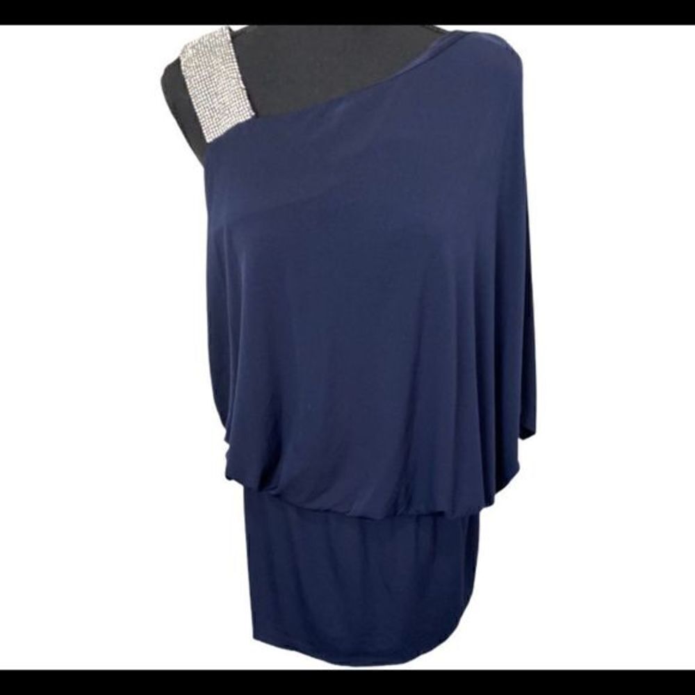 #109 JACKIE JON navy one shoulder cocktail dress
